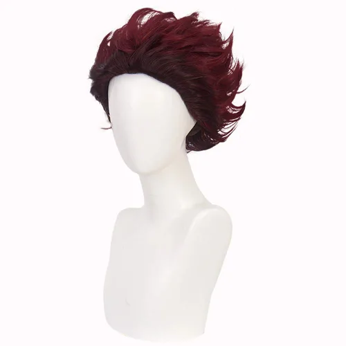 Vista 3 de Qiancoshair Kamado Tanjirou - Peluca de cosplay Demon Slayer Kimetsu No Yaiba sintética color rojo vino corto para hombre (Kamado Tanjirou)