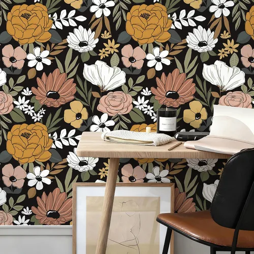 Vista 5 de HAOKHOME Papel pintado vintage grande floral de despegar y pegar, extraíble, hojas de margarita, negro/arena/oliva, vinilo autoadhesivo, mural, 17.7