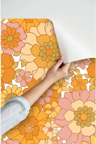 Vista 3 de Spoonflower Papel tapiz autoadhesivo para despegar y pegar, papel tapiz extraíble personalizado retro floral blanco vintage de los años 70