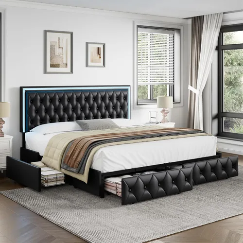 Vista 11 de Keyluv - Base de cama tapizada completa con LED, con 4 cajones, cama de plataforma de terciopelo con cabecera ajustable tapizada con botones