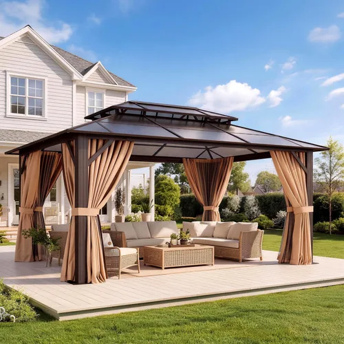 Vista 23 de Aoxun 10'x10' Outdoor Gazebo with Polycarbonate Roof Khaki Single Roof Caqui