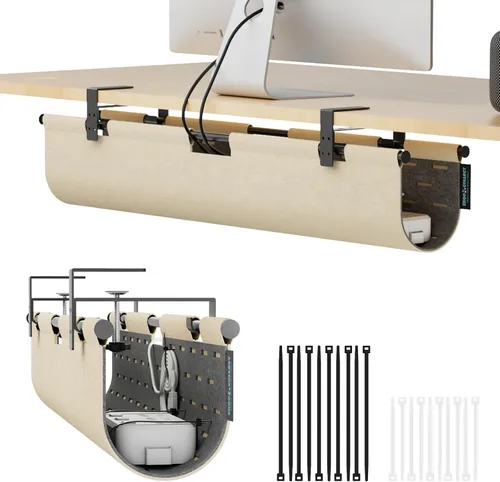 Vista 9 de Bandeja de gestión de cables sin taladrar debajo del escritorio, organizador de cables de fieltro de 30 pulgadas para mesa Clamp or Screw Mount