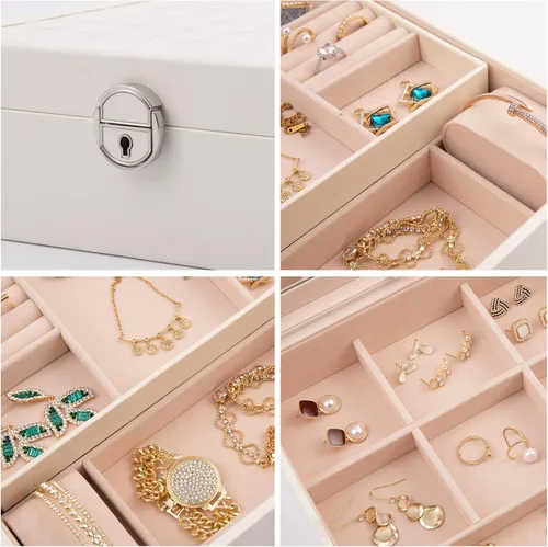 Vista 3 de JinHuoHuo Joyero organizador para mujeres y niñas, estuche grande de almacenamiento de joyas de 2 capas, caja de joyería de cuero sintético, bandeja