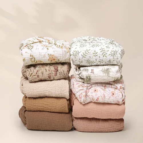 Vista 5 de Sábanas de cuna de muselina lulumoon para bebé: Sábanas ajustadas y transpirables para cuna de niños - Hojas de hoja de árbol verde para cuna