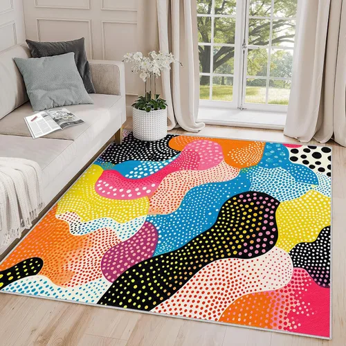 Vista 13 de Alfombra Geométrica 2x3 - Alfombra de Área Abstracta Retro Colorida, Tapete de Puerta Moderno de Mediados de Siglo, Lavable y Antideslizante y Suave