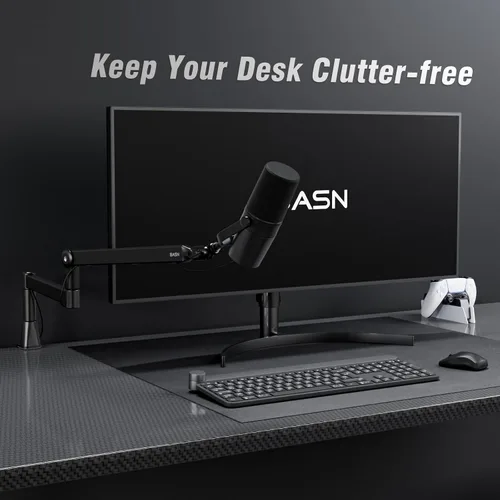 Vista 3 de BASN - Soporte de brazo de micrófono de perfil bajo con abrazadera de escritorio, diseño giratorio y almacenable, canal de gestión de cables