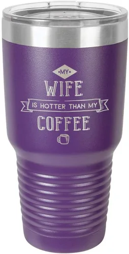 Vista 18 de Taza de viaje de acero inoxidable con popote y tapa superior deslizante My Wife Is Hot Than My Coffee Black de 30 onzas