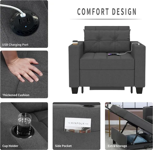 Vista 3 de Silla cama 3 en 1 de 36 pulgadas, sofá cama extraíble convertible, lino Gris-oscuro