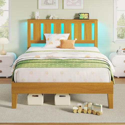 Vista 11 de Rolanstar Estructura de Cama Full con Cabecero, Estación de Carga y Luces LED, Base de Estructura de Cama de Madera con Soporte de Listones de Negro