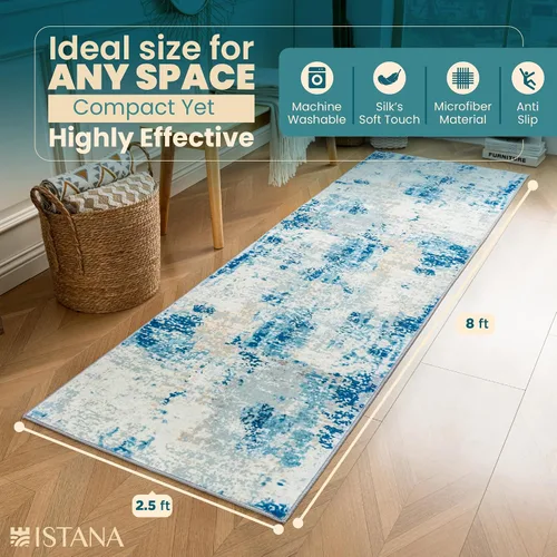 Vista 2 de Istana Alfombra larga antideslizante de 2.5 x 8 para el hogar, para pasillo y cocina, lavable, sedosa y suave al tacto, elegante, color azul y marfil