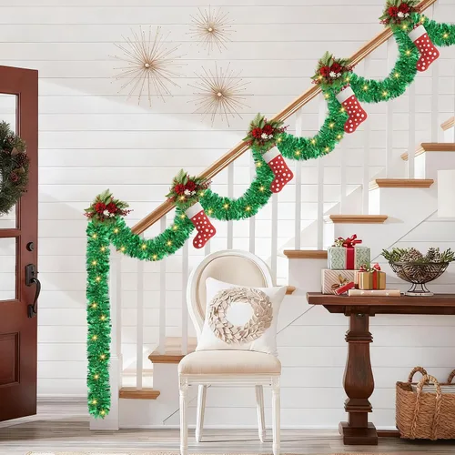 Vista 5 de Guirnalda de oropel de Navidad de 50 pies, guirnalda colgante de oropel metálico de Navidad para árbol de Navidad, decoración de fiestas en Verde