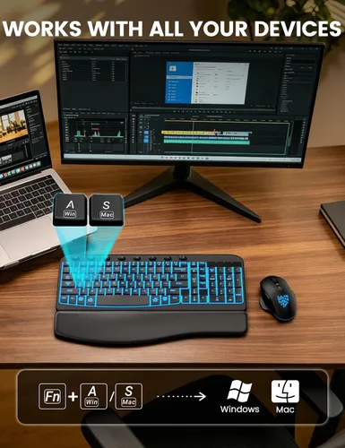 Vista 5 de SABLUTE Combo de teclado y mouse inalámbrico ergonómico, MA12Pro Wave teclado con reposamuñecas de cuero para escribir cómodamente, retroiluminación