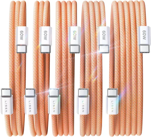 Vista 26 de LISEN Cable USB C, paquete de 5 cables USBC a USBC [0.5 pies] para iPhone 17 16e 15 Pro Max, cable de carga rápida de 60 W C a C para Galaxy Negro
