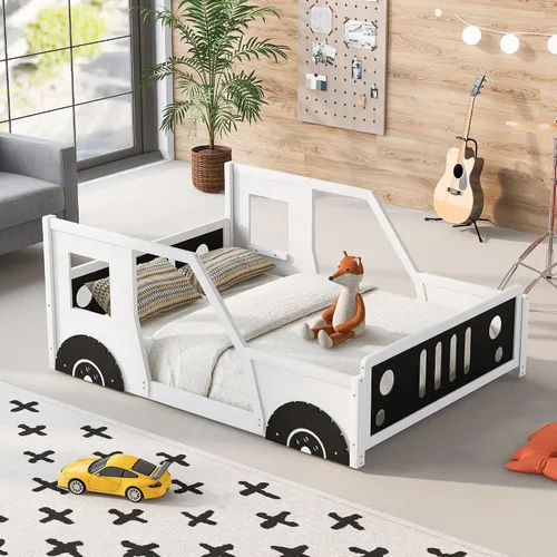 Vista 12 de Cama de plataforma en forma de auto de carreras de tamaño individual con ruedas, plataforma de madera con soporte de listones resistentes y rieles