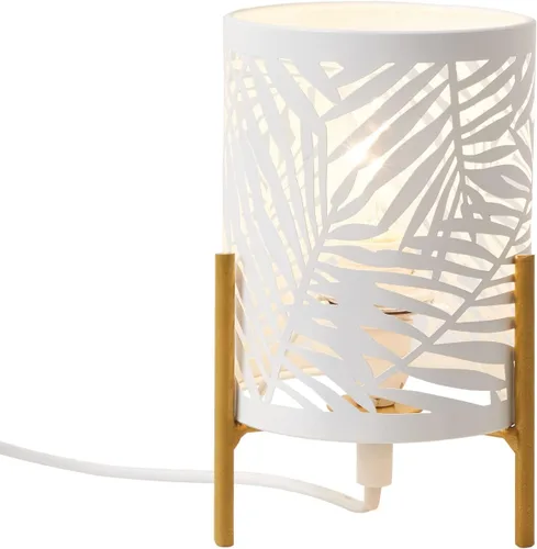 Vista 5 de Lámpara de mesa decorativa, soporte dorado de trípode con pantalla hueca de metal blanco, luz nocturna para mesita, E12 40W, sin bombilla Blanco-33