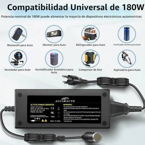 Vista 2 de Convertidor de CA a CC de 180W/15A, convertidor de 110-240V a 12V, adaptador de fuente de energía AC/CC del encendedor de cigarrillos de 7,64 pies