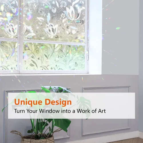 Vista 3 de Bloss Película decorativa de privacidad para ventana, diseño floral, no adhesiva, bloqueo de calor, película de vidrio para baño, hogar, cocina