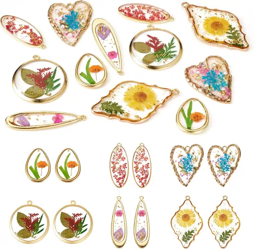 Vista 13 de Dijes de resina de flores secas, corazón redondo, lágrima, rombo, rectángulo, resina epoxi, aretes para manualidades, collares, pulseras