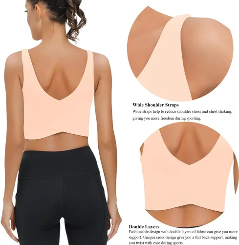Vista 5 de SIGNEALA Sujetadores deportivos para mujer de línea larga, con cuello en V, acolchado y brasier integrado para entrenamiento, yoga, gimnasio