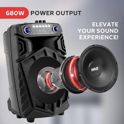 Vista 2 de Pyle 680W Portable Bluetooth PA Speaker - 10" Rechargeable Outdoor Karaoke Speaker, Audio System w/Wireless Mic and Wheels, TWS, Lights, LED