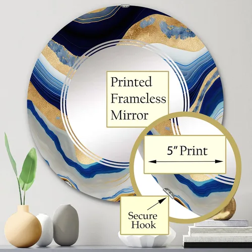 Vista 3 de DesignQ Modern wall mirror, Oval Modern mirror, Round Blue bathroom mirror, Abstract Transitional vanity mirror Flowing Vibrant Blue and Gold Art IV
