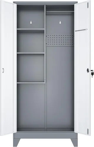 Vista 8 de Armario de almacenamiento de metal de 61 pulgadas con puertas con cerradura, gabinete de suministros de limpieza con tablero de clavijas y barra