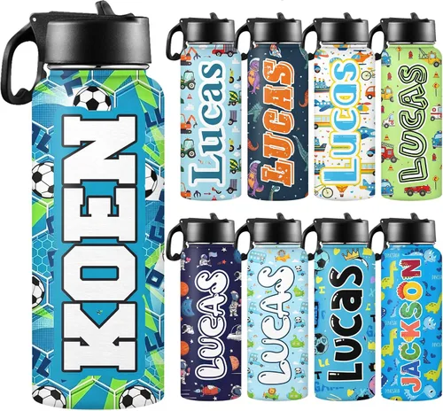 Vista 15 de Botellas de agua personalizadas para niñas, de acero inoxidable con aislamiento de doble pared con pajita, botella de agua de color degradado