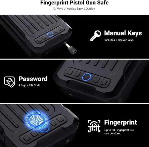 Vista 2 de MAXSafes - Caja fuerte portátil para pistolas con huellas dactilares, caja fuerte para armas con llaves, acceso rápido, biométrica inteligente