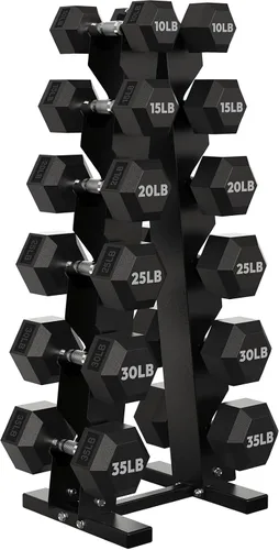 Vista 23 de HANDBODE Juego de mancuernas hexagonales recubiertas de goma con estante de marco en A, 100 libras - 600 libras, múltiples opciones