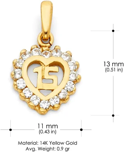 Vista 3 de Colgante de oro amarillo de 14 quilates, dulce quinceañera, corazón de quinceañera, circonita cúbica, con collar de cadena Valentino de 0.059 in