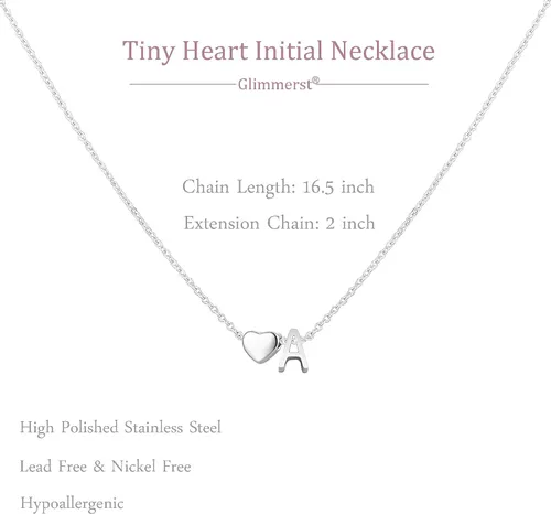 Vista 5 de Glimmerst Collar con inicial de corazón para mujer, de acero inoxidable, pequeño, con letra de corazón, collar con nombre personalizado