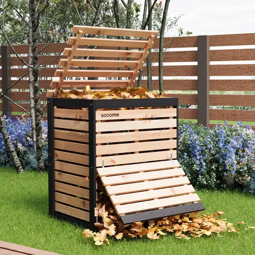 Vista 3 de Cubo de Compostaje de 95 Galones de Madera Sólida, Cubo de Compostaje para Exteriores con Puerta Deslizante, Cubo de Compostaje Grande para el Patio
