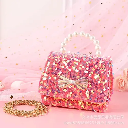 Vista 3 de Bolso cruzado de lentejuelas para niños pequeños, con asa superior de perla, lazo con purpurina, cartera para niñas pequeñas, accesorios