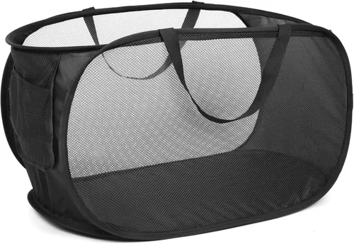 Vista 30 de Cestas de lavandería plegables duraderas, cesta de lavandería desplegable de malla con bolsillo lateral, cesta de ropa plegable con asas