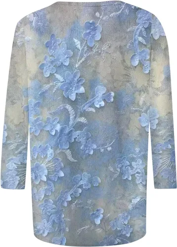 Vista 4 de Blusa para mujer, manga 34, cuello redondo, manga 34, camisas de manga 34 para mujer, lindas camisetas gráficas con estampado de flores