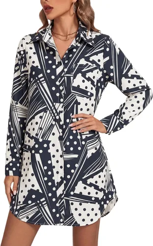 Vista 10 de LYANER Vestido camisero para mujer con cuello en V, botones, manga larga y dobladillo curvado