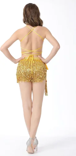 Vista 6 de Disfraz de danza del vientre para mujer, brasier acolchado, bufanda de cadera con flecos de lentejuelas, 2 piezas con borlas, samba latina, traje