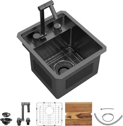 Vista 37 de Fregadero de cocina de 13 x 15 pulgadas de montaje bajo encimera - Fregadero de cocina de acero inoxidable 304 calibre 16 bajo mostrador con grifo