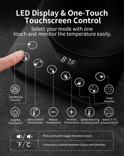 Vista 7 de SHARDOR Hervidor eléctrico de cuello de cisne con control de temperatura de precisión de 1 grado, hervidor eléctrico con pantalla táctil LED