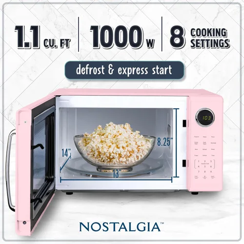 Vista 102 de Nostalgia Horno microondas retro compacto para encimera, 0.7 pies cúbicos, 700 vatios con pantalla digital LED, bloqueo para niños, interior fácil