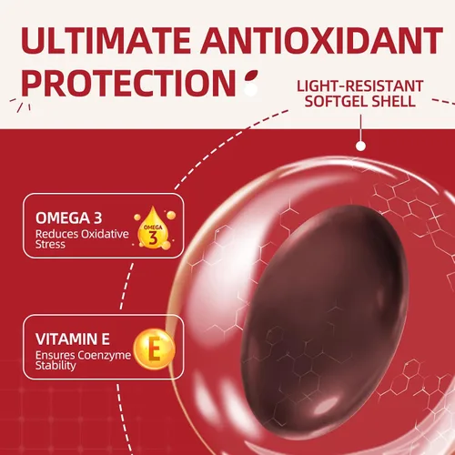 Vista 6 de Cápsulas blandas CoQ10 de 200 mg con PQQ y Omega 3, coenzima de máxima absorción Q10, potente antioxidante para la salud cardíaca y energética, 120