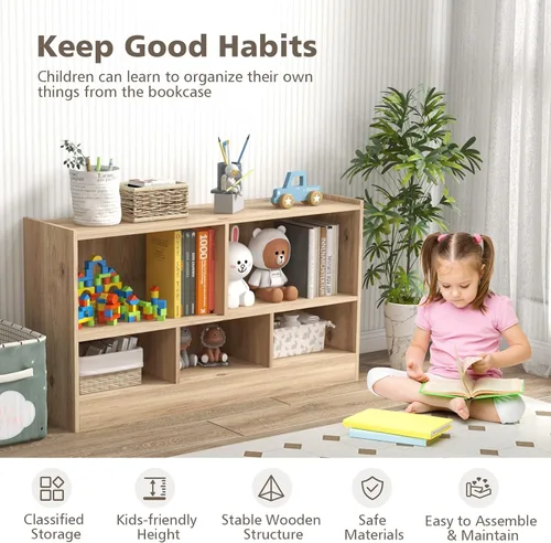 Vista 23 de MEDIMALL Organizador de almacenamiento de juguetes para niños de 5 cubos, estante de almacenamiento de madera de 2 niveles para libros y juguetes