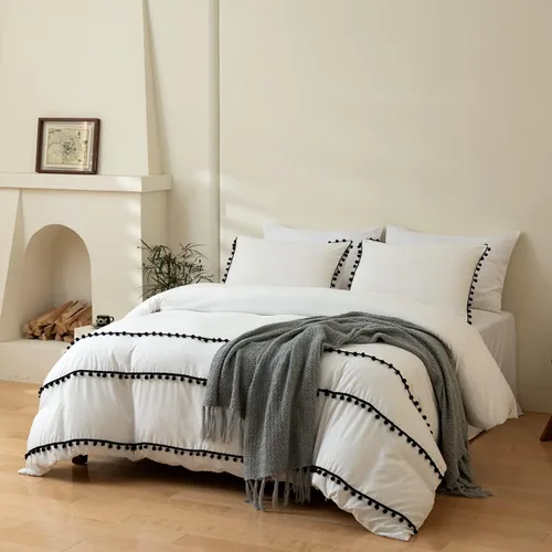 Vista 12 de INFLAG Funda de edredón de tamaño individual con pompones, juego de ropa de cama de microfibra bohemia de 3 piezas, 1 funda de edredón de 66 x 90