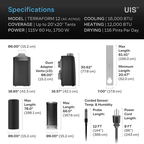 Vista 8 de AC Infinity TERRAFORM 12, aire acondicionado con control de clima todo en uno con salida de un conducto, inversor dual de 16,000 BTU