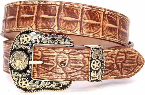 Vista 11 de Western Cowboy - Cinturón de cuero genuino con hebilla grabada, estilo country rodeo para hombre 8052 2cocodrilo Cf