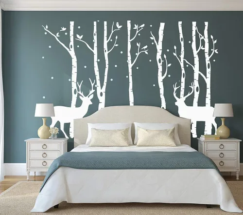 Vista 6 de Vinilo adhesivo de vinilo extraíble con diseño de ciervos y abedules para niños, decoración de habitación del bebé, habitación del bebé (gris)