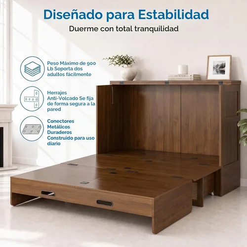 Vista 9 de Mjkone Murphy - Cama de gabinete con colchón de tres pliegues, Queen, nogal negro