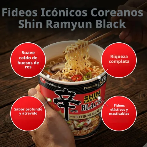 Vista 3 de Nongshim Taza de fideos Ramen instantáneos Shin Black Premium, paquete de 6, verduras gruesas y carne de res real, mezcla de sopa de ramen