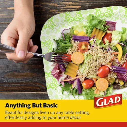 Vista 4 de Glad Platos cuadrados de papel desechables, patrón victoriano verde, fuertes, resistentes, a prueba de remojo y aptos para microondas para cena