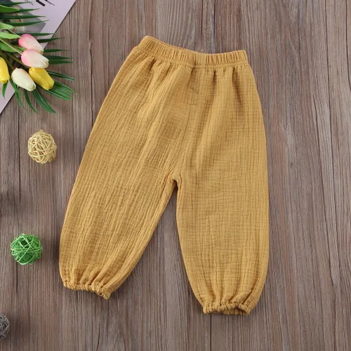 Vista 27 de Paquete de 3 pantalones de algodón y lino para bebés, niños y niñas, color liso, ropa básica para bebés
